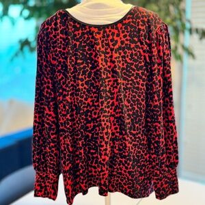 Cleo Petites Red & Black Animal Print Top XL w/ Faux Leather Trim Long Sleeve